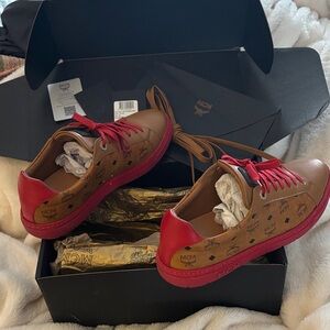 Authentic MCM women’s Tan and Red Sneakers in original box